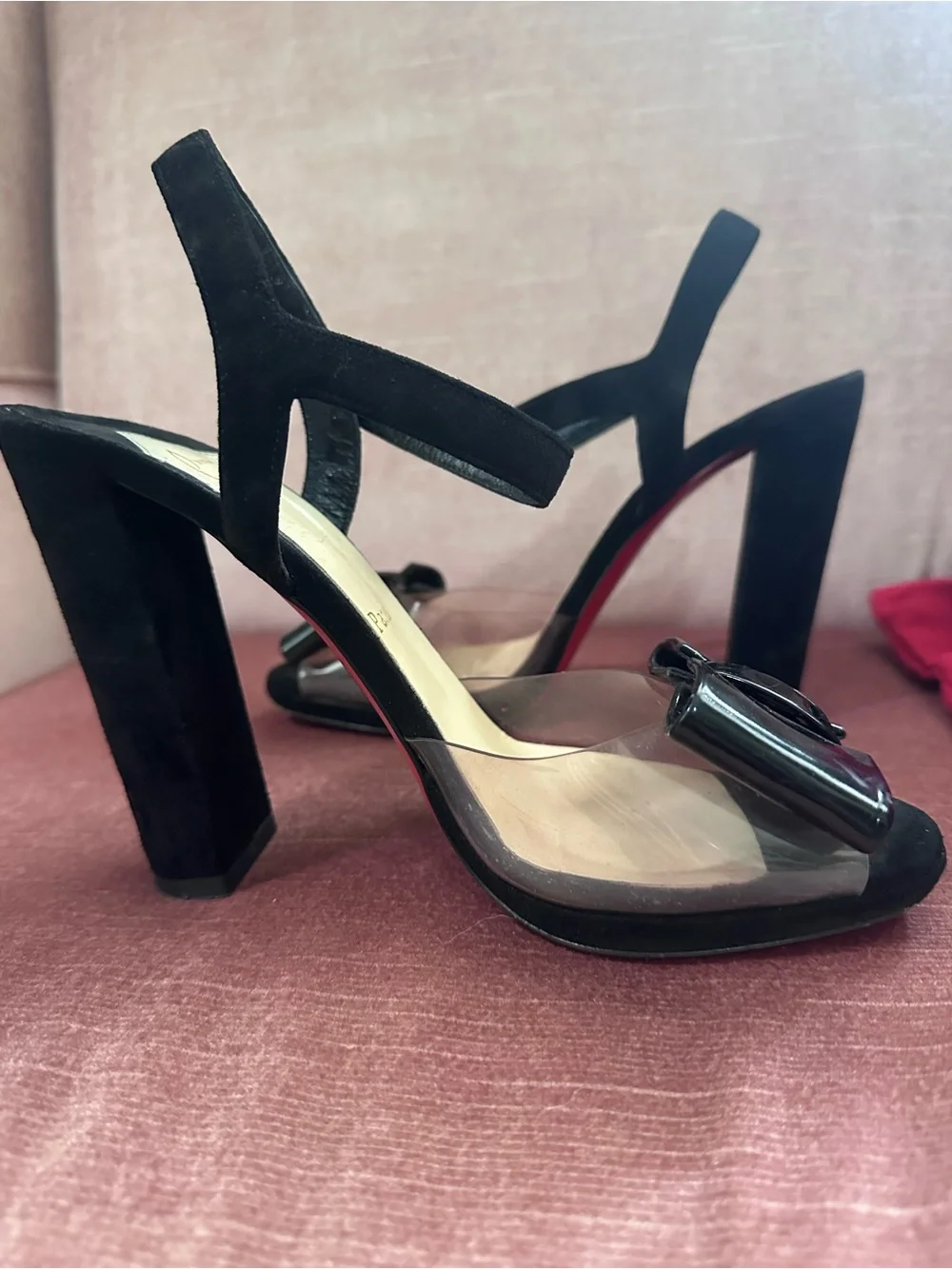 Christian Louboutin Black Patent Bow Block-Heel Sandals with Suede and PVC Vamp